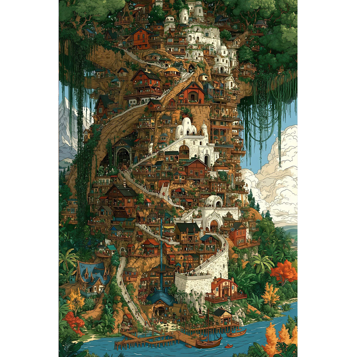 1000-Piece Premium Wooden Jigsaw Puzzle for Adults – Treehollow Town | Artisan Crafted, Whimsical Shapes & Unique Designs, Best Relaxation Gift