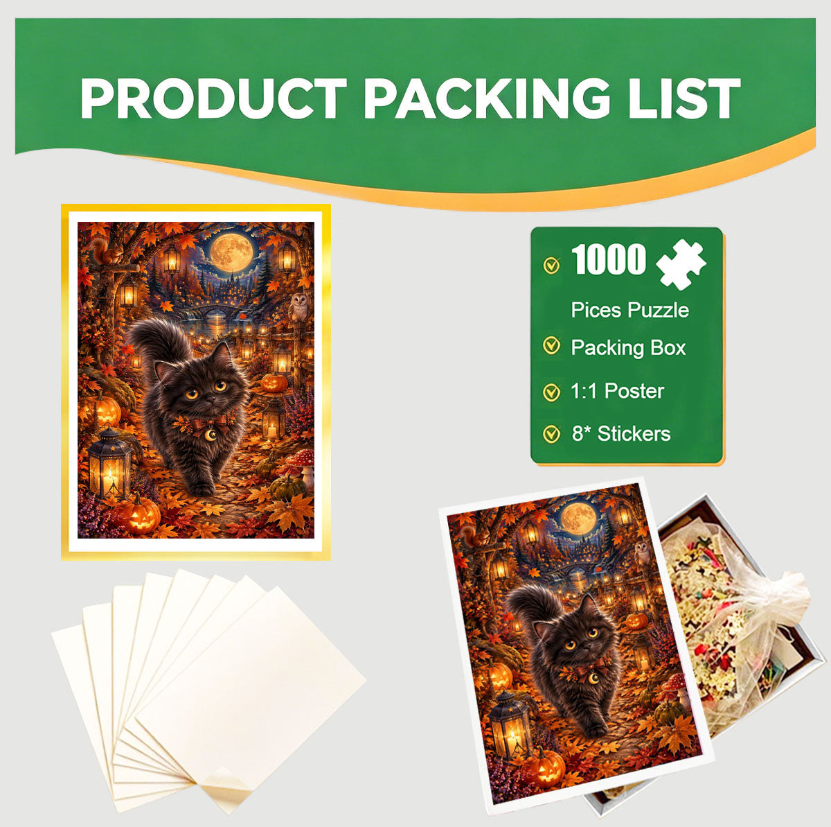 1000-Piece Premium Wooden Jigsaw Puzzle for Adults – Autumn Night Cat | Artisan Crafted, Whimsical Shapes & Unique Designs, Best Relaxation Gift