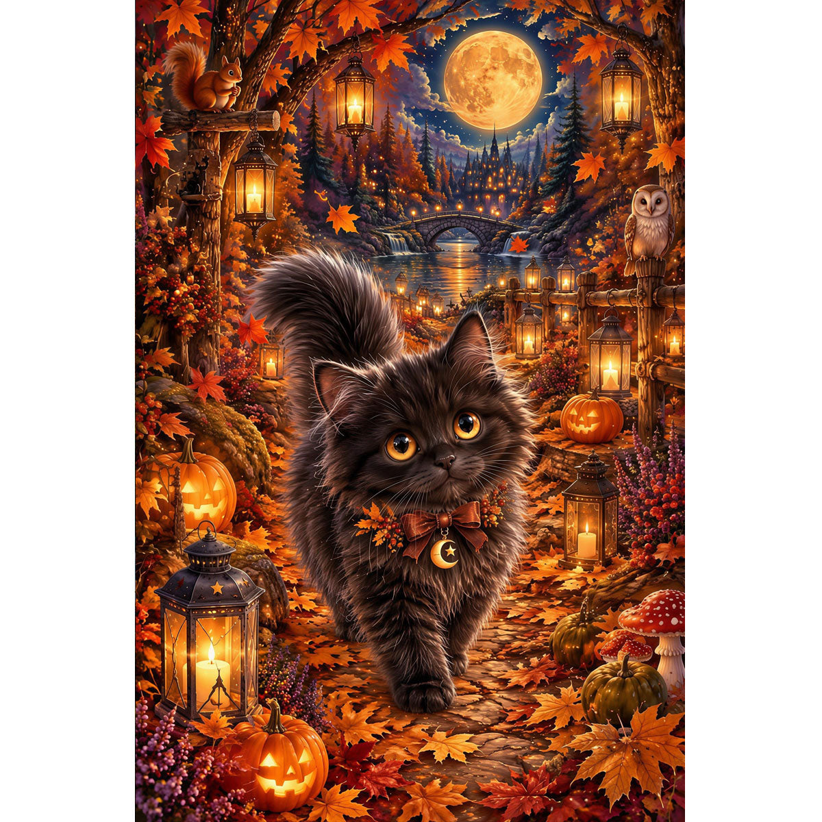 1000-Piece Premium Wooden Jigsaw Puzzle for Adults – Autumn Night Cat | Artisan Crafted, Whimsical Shapes & Unique Designs, Best Relaxation Gift