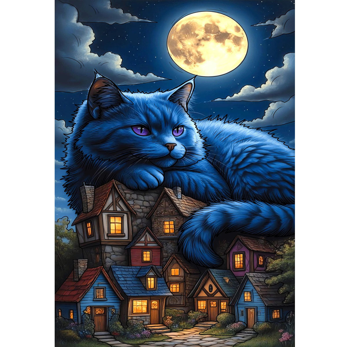 1000-Piece Premium Wooden Jigsaw Puzzle for Adults - Moonlit Blue Cat| Artisan Crafted, Whimsical Shapes & Unique Designs, Best Relaxation Gift