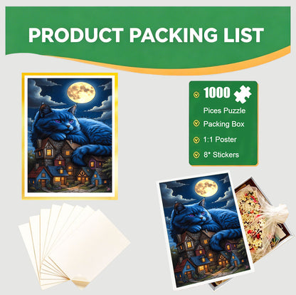 1000-Piece Premium Wooden Jigsaw Puzzle for Adults - Moonlit Blue Cat| Artisan Crafted, Whimsical Shapes & Unique Designs, Best Relaxation Gift