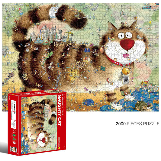 2000-Piece Cardboard Jigsaw Puzzle for Adults – Relaxing Gift Idea & Elegant Home Décor Artwork with Full-Size Poster, Premium Stress Relief Activity - Naughty Cat