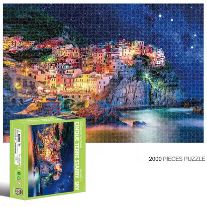 2000-Piece Cardboard Jigsaw Puzzle for Adults – Relaxing Gift Idea & Elegant Home Décor Artwork with Full-Size Poster, Premium Stress Relief Activity - Cinque Terre Starry Sky