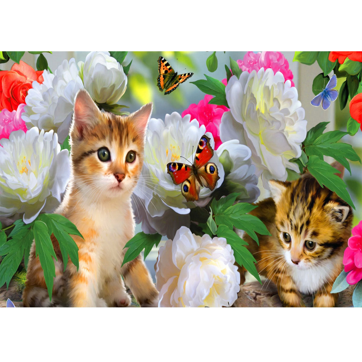 Wooden Jigsaw Puzzle 1000-Piece for Adults – Relaxing Gift Idea & Elegant Home Décor Artwork with Full-Size Poster, Premium Stress Relief Activity - Kitten in the Flowerbed