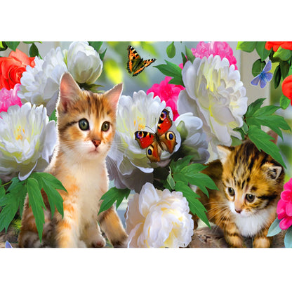 Wooden Jigsaw Puzzle 1000-Piece for Adults – Relaxing Gift Idea & Elegant Home Décor Artwork with Full-Size Poster, Premium Stress Relief Activity - Kitten in the Flowerbed