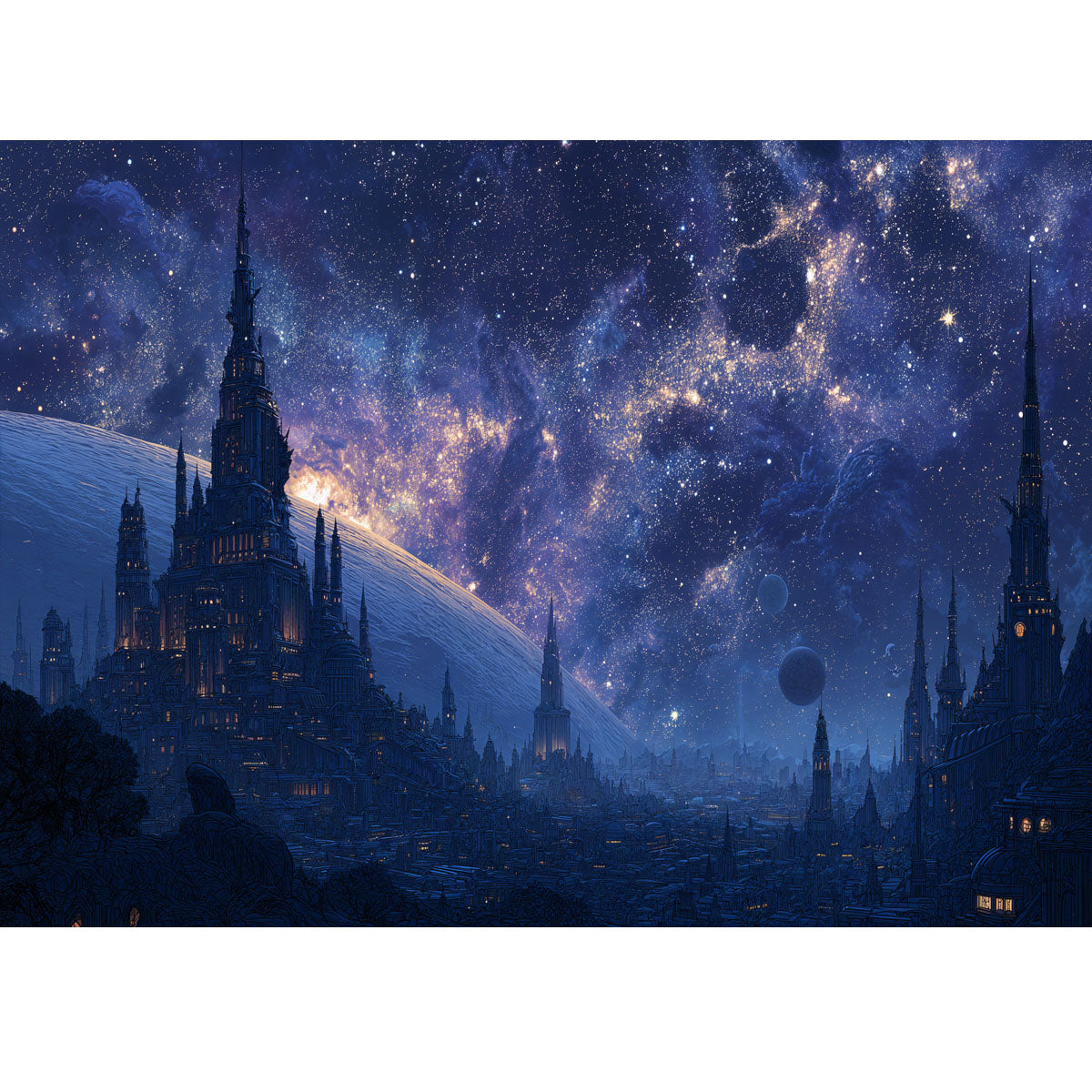 Wooden Jigsaw Puzzle 1000-Piece for Adults – Relaxing Gift Idea & Elegant Home Décor Artwork with Full-Size Poster, Premium Stress Relief Activity - Castle Under the Starry Sky - Artisan Puzzles