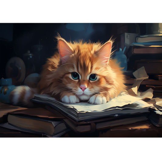Wooden Jigsaw Puzzle 1000-Piece for Adults – Relaxing Gift Idea & Elegant Home Décor Artwork with Full-Size Poster, Premium Stress Relief Activity - The Orange Cat Among the Books