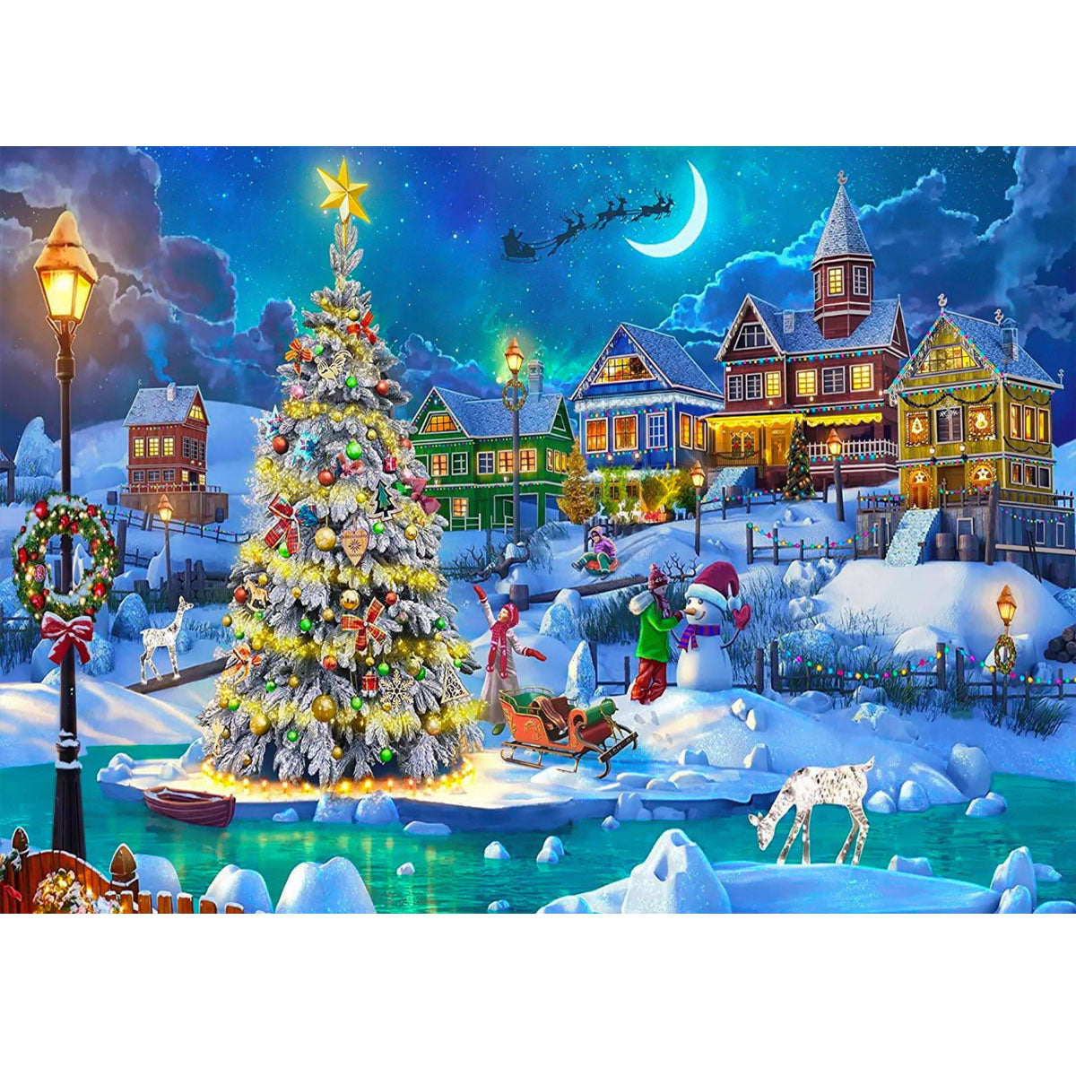 Wooden Jigsaw Puzzle 1000-Piece for Adults – Relaxing Gift Idea & Elegant Home Décor Artwork with Full-Size Poster, Premium Stress Relief Activity - Christmas Town - Artisan Puzzles