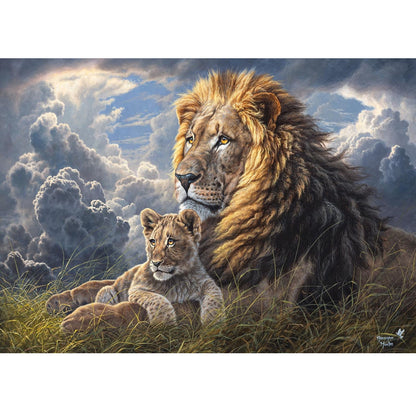 Wooden Jigsaw Puzzle 1000-Piece for Adults – Relaxing Gift Idea & Elegant Home Décor Artwork with Full-Size Poster, Premium Stress Relief Activity - The Lion and the Lion Cub - Artisan Puzzles