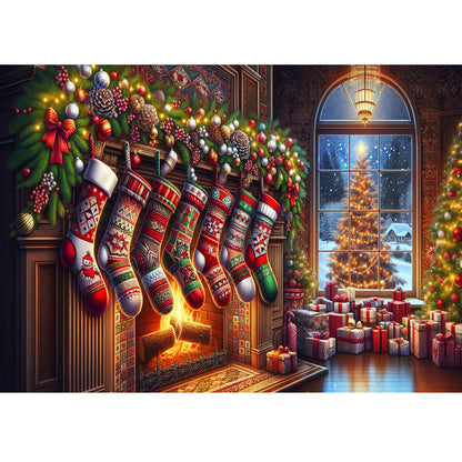 Wooden Jigsaw Puzzle 1000-Piece for Adults – Relaxing Gift Idea & Elegant Home Décor Artwork with Full-Size Poster, Premium Stress Relief Activity - Christmas fireplace