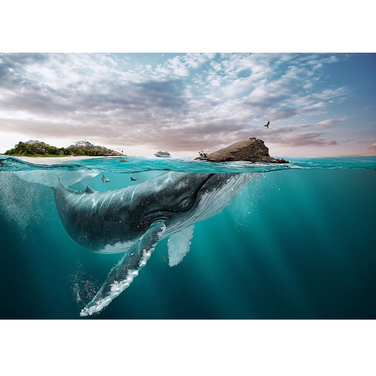 Wooden Jigsaw Puzzle 1000-Piece for Adults – Relaxing Gift Idea & Elegant Home Décor Artwork with Full-Size Poster, Premium Stress Relief Activity - Whales Underwater