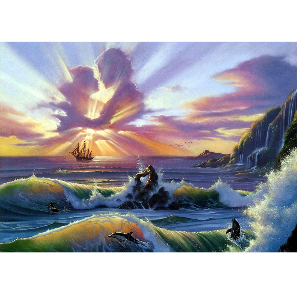 Wooden Jigsaw Puzzle 1000-Piece for Adults – Relaxing Gift Idea & Elegant Home Décor Artwork with Full-Size Poster, Premium Stress Relief Activity - Sail Silhouettes and Dolphin Leaps