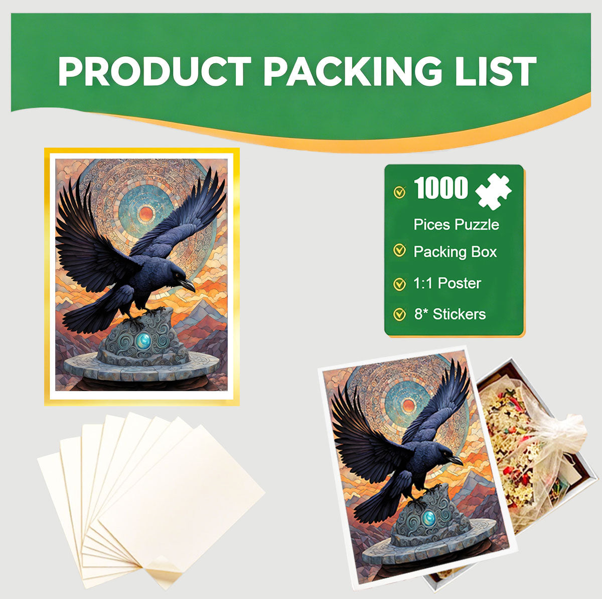 1000-Piece Premium Wooden Jigsaw Puzzle for Adults – Raven on a Sundial | Artisan Crafted, Whimsical Shapes & Unique Designs, Best Relaxation Gift
