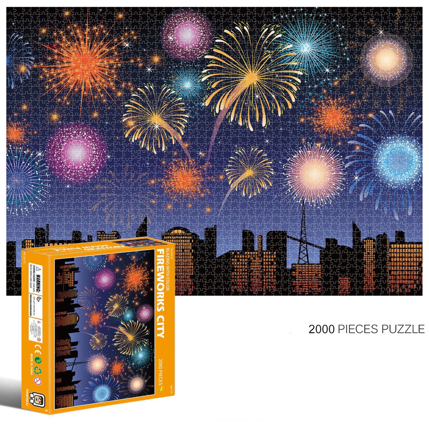 2000-Piece Cardboard Jigsaw Puzzle for Adults – Relaxing Gift Idea & Elegant Home Décor Artwork with Full-Size Poster, Premium Stress Relief Activity - Fireworks City
