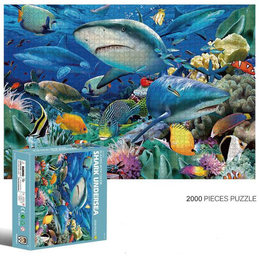 2000-Piece Cardboard Jigsaw Puzzle for Adults – Relaxing Gift Idea & Elegant Home Décor Artwork with Full-Size Poster, Premium Stress Relief Activity - Shark Undersea