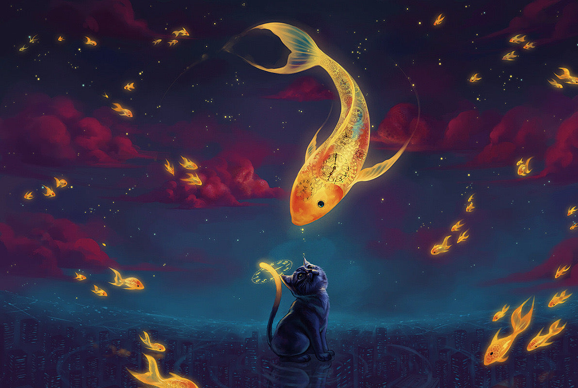 1000-Piece Jigsaw Puzzle for Adults – Relaxing Gift Idea & Elegant Home Décor Artwork with Full-Size Poster, Premium Stress Relief Activity - Cat and Fish