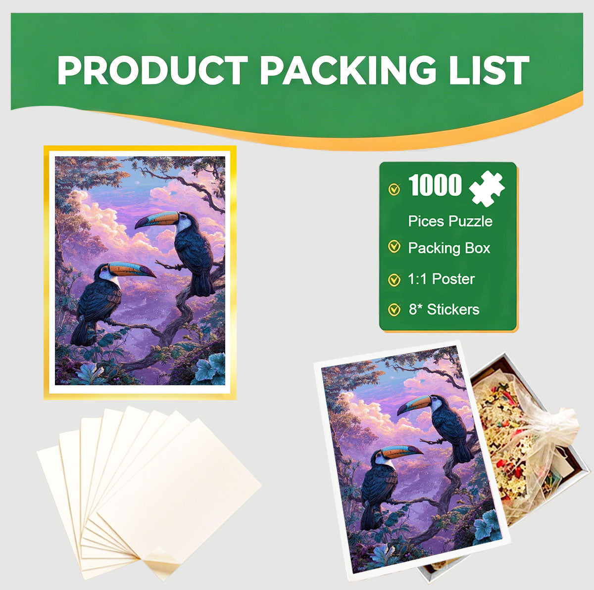1000-Piece Premium Wooden Jigsaw Puzzle for Adults –Toucan Birds | Artisan Crafted, Whimsical Shapes & Unique Designs, Best Relaxation Gift