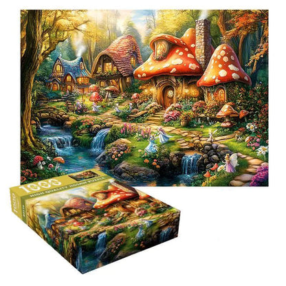 1000-Piece Cardboard Jigsaw Puzzle for Adults – Relaxing Gift Idea & Elegant Home Décor Artwork with Full-Size Poster, Premium Stress Relief Activity - Happy Mushroom Village
