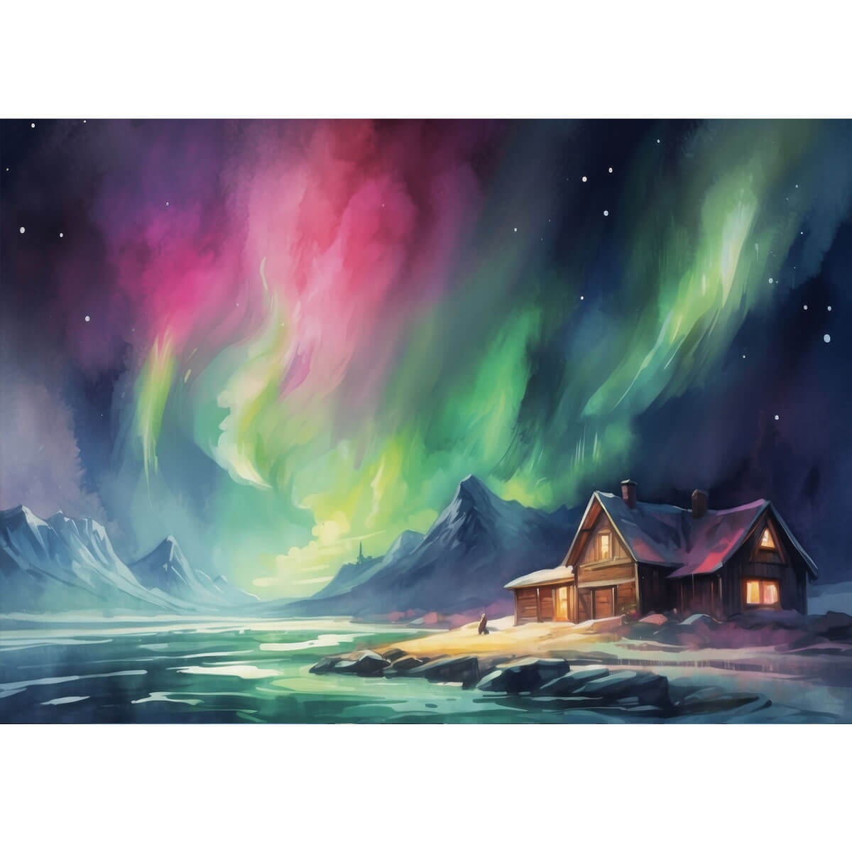 Wooden Jigsaw Puzzle 1000 Piece - Aurora Lights Over Mountain Cabin