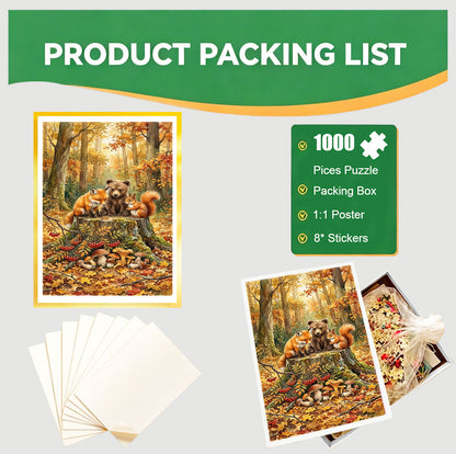1000-Piece Premium Wooden Jigsaw Puzzle for Adults – Autumn Forest Friends | Artisan Crafted, Whimsical Shapes & Unique Designs, Best Relaxation Gift