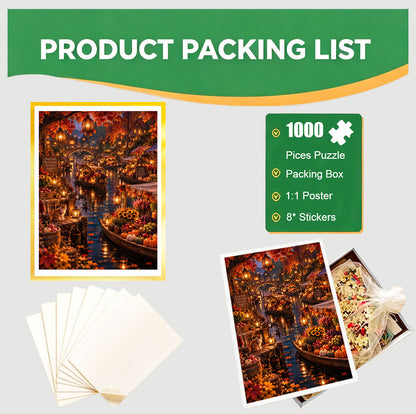 1000-Piece Premium Wooden Jigsaw Puzzle for Adults – Autumn River Market | Artisan Crafted, Whimsical Shapes & Unique Designs, Best Relaxation Gift