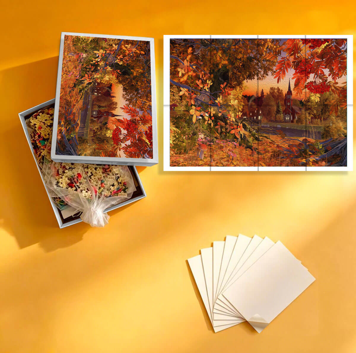 1000-Piece Premium Wooden Jigsaw Puzzle for Adults – Autumn Village Sunset | Artisan Crafted, Whimsical Shapes & Unique Designs, Best Relaxation Gift