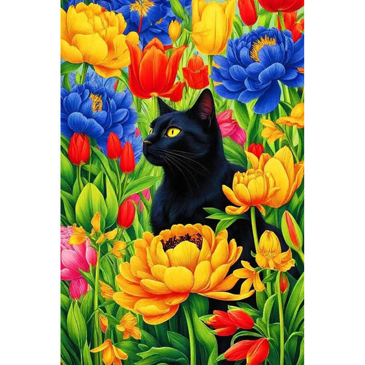 1000-Piece Premium Wooden Jigsaw Puzzle for Adults – Black Cat Among Colorful Flowers | Artisan Crafted, Whimsical Shapes & Unique Designs, Best Relaxation Gift