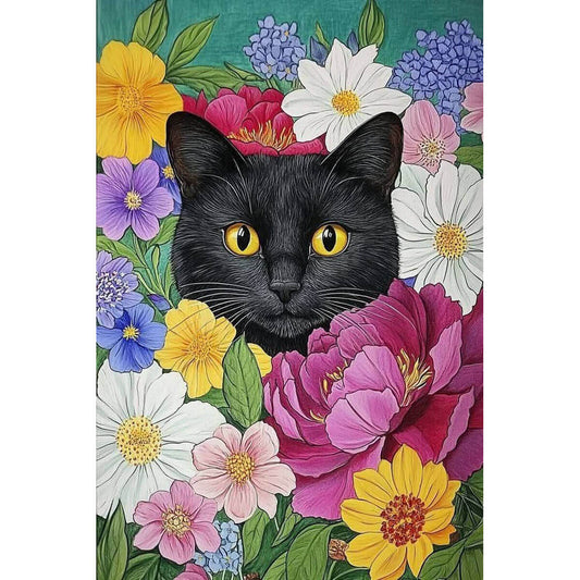 1000-Piece Premium Wooden Jigsaw Puzzle for Adults – Black Cat Surrounded by Bright Flowers | Artisan Crafted, Whimsical Shapes & Unique Designs, Best Relaxation Gift