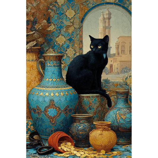 1000-Piece Premium Wooden Jigsaw Puzzle for Adults – Black Cat with Antique Vases | Artisan Crafted, Whimsical Shapes & Unique Designs, Best Relaxation Gift