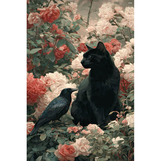 1000-Piece Premium Wooden Jigsaw Puzzle for Adults – Black Cat with Crow in Roses | Artisan Crafted, Whimsical Shapes & Unique Designs, Best Relaxation Gift
