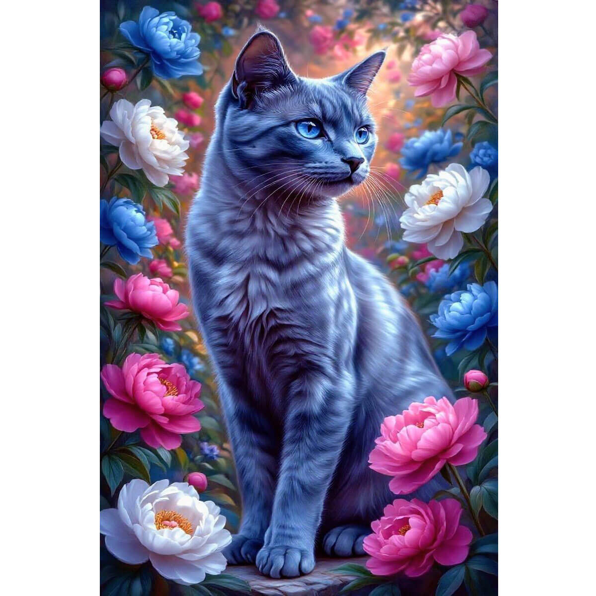 Wooden Jigsaw Puzzle 1000 Piece - Blue Cat in Peonies