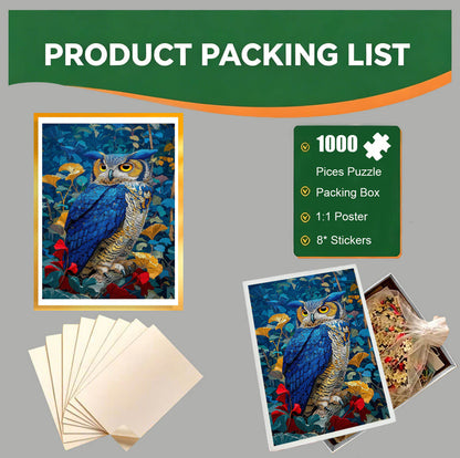 1000-Piece Premium Wooden Jigsaw Puzzle for Adults –Blue Forest Owl | Artisan Crafted, Whimsical Shapes & Unique Designs, Best Relaxation Gift