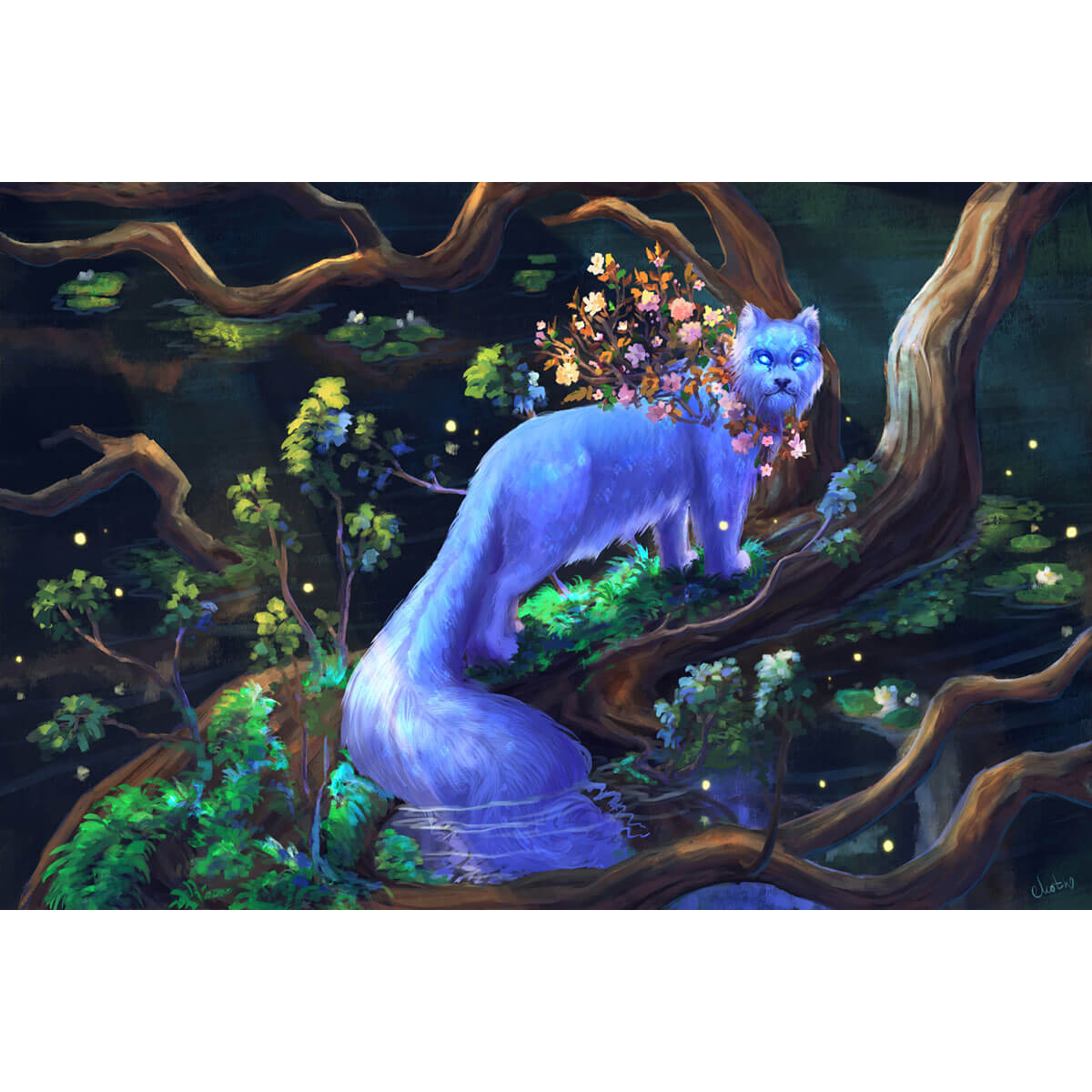 1000-Piece Premium Wooden Jigsaw Puzzle for Adults – Blue Fox with Flowers | Artisan Crafted, Whimsical Shapes & Unique Designs, Best Relaxation Gift