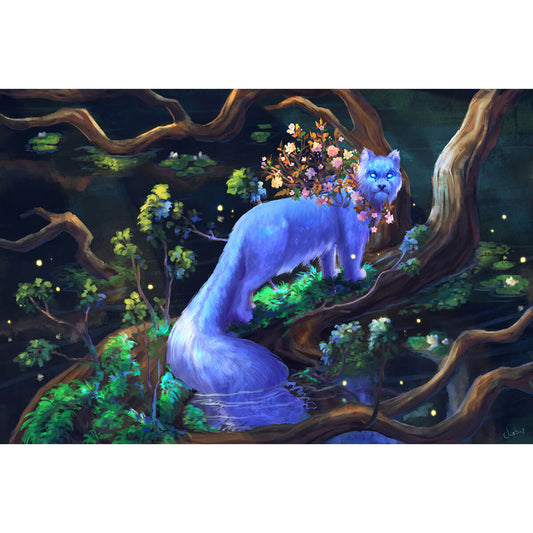 1000-Piece Premium Wooden Jigsaw Puzzle for Adults – Blue Fox with Flowers | Artisan Crafted, Whimsical Shapes & Unique Designs, Best Relaxation Gift