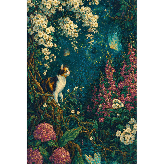 1000-Piece Premium Wooden Jigsaw Puzzle for Adults – Calico Cat in Starry Flower Forest | Artisan Crafted, Whimsical Shapes & Unique Designs, Best Relaxation Gift