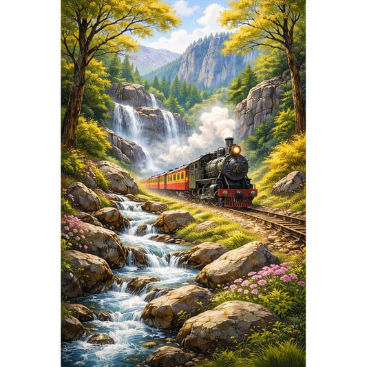 1000-Piece Premium Wooden Jigsaw Puzzle for Adults – Canyon Waterfall Steam Train | Artisan Crafted, Whimsical Shapes & Unique Designs, Best Relaxation Gift