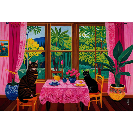 1000-Piece Premium Wooden Jigsaw Puzzle for Adults – Cat-Themed Tea Time | Artisan Crafted, Whimsical Shapes & Unique Designs, Best Relaxation Gift