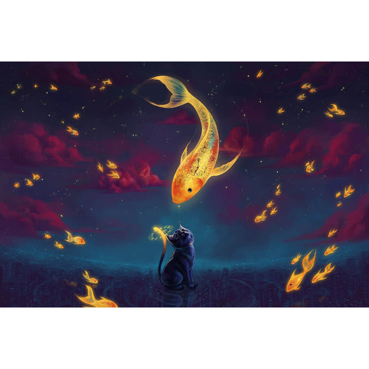 1000-Piece Premium Wooden Jigsaw Puzzle for Adults – Cat and Clock Koi | Artisan Crafted, Whimsical Shapes & Unique Designs, Best Relaxation Gift