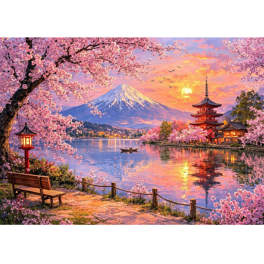 1000-Piece Premium Wooden Jigsaw Puzzle for Adults – Cherry Blossoms by Mount Fuj | Artisan Crafted, Whimsical Shapes & Unique Designs, Best Relaxation Gift