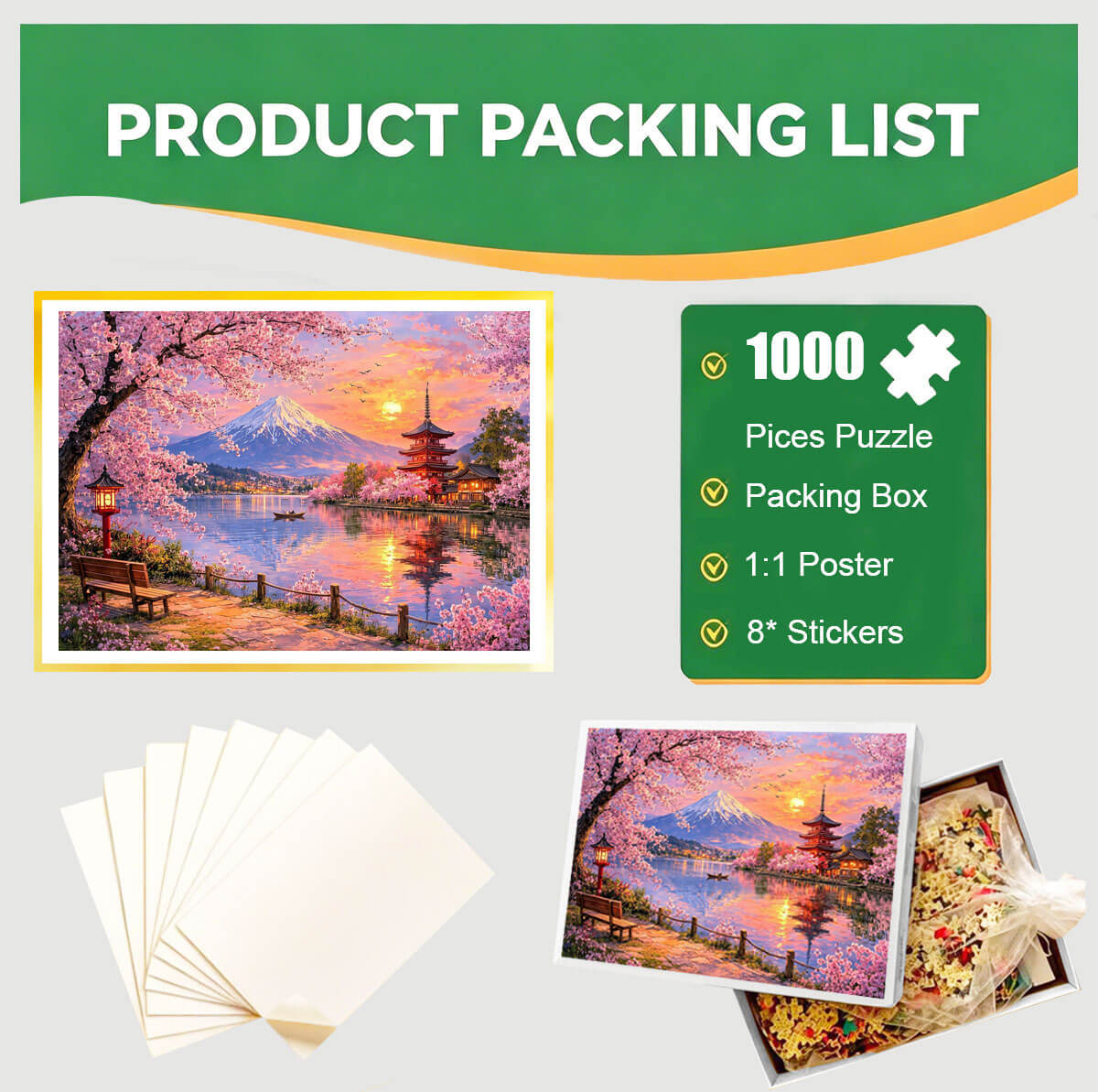 1000-Piece Premium Wooden Jigsaw Puzzle for Adults – Cherry Blossoms by Mount Fuj | Artisan Crafted, Whimsical Shapes & Unique Designs, Best Relaxation Gift