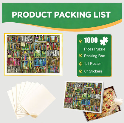 1000-Piece Premium Wooden Jigsaw Puzzle for Adults – Cluttered Book Nook | Artisan Crafted, Whimsical Shapes & Unique Designs, Best Relaxation Gift