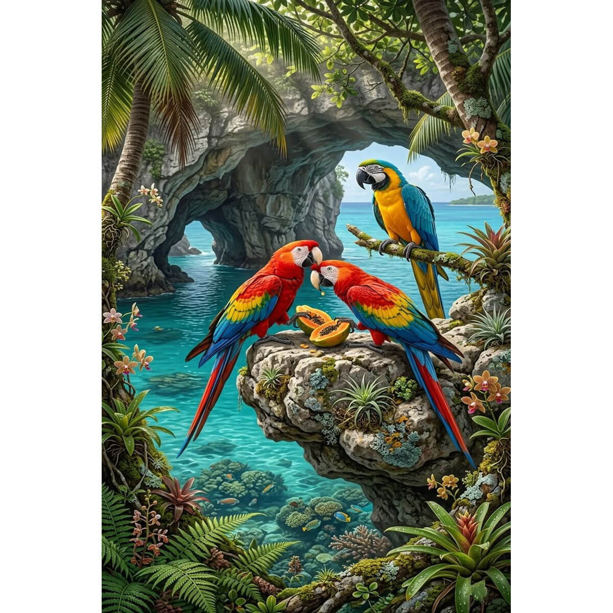 1000-Piece Premium Wooden Jigsaw Puzzle for Adults – Coastal Cave Macaws | Artisan Crafted, Whimsical Shapes & Unique Designs, Best Relaxation Gift
