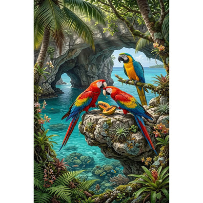 1000-Piece Premium Wooden Jigsaw Puzzle for Adults – Coastal Cave Macaws | Artisan Crafted, Whimsical Shapes & Unique Designs, Best Relaxation Gift