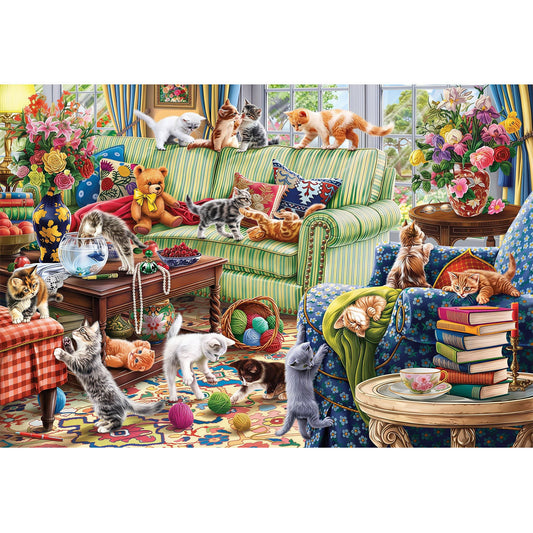 1000-Piece Premium Wooden Jigsaw Puzzle for Adults – Cozy Room with Playful Kittens | Artisan Crafted, Whimsical Shapes & Unique Designs, Best Relaxation Gift