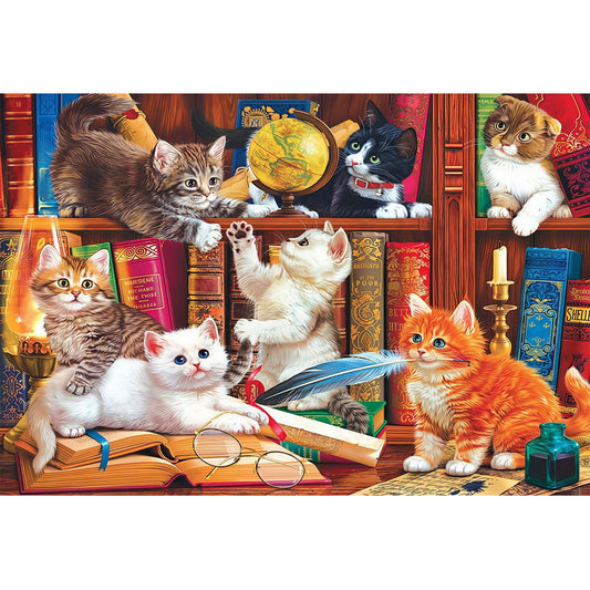 1000-Piece Premium Wooden Jigsaw Puzzle for Adults – Curious Kittens in Library | Artisan Crafted, Whimsical Shapes & Unique Designs, Best Relaxation Gift