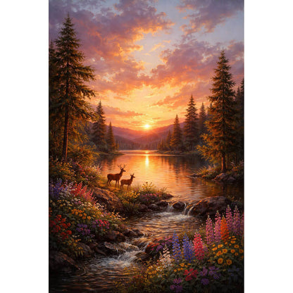 1000-Piece Premium Wooden Jigsaw Puzzle for Adults – Deer at Sunset Lake | Artisan Crafted, Whimsical Shapes & Unique Designs, Best Relaxation Gift