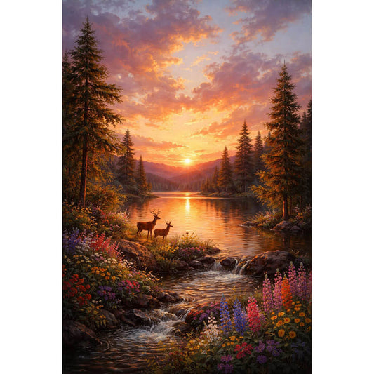 1000-Piece Premium Wooden Jigsaw Puzzle for Adults – Deer at Sunset Lake | Artisan Crafted, Whimsical Shapes & Unique Designs, Best Relaxation Gift