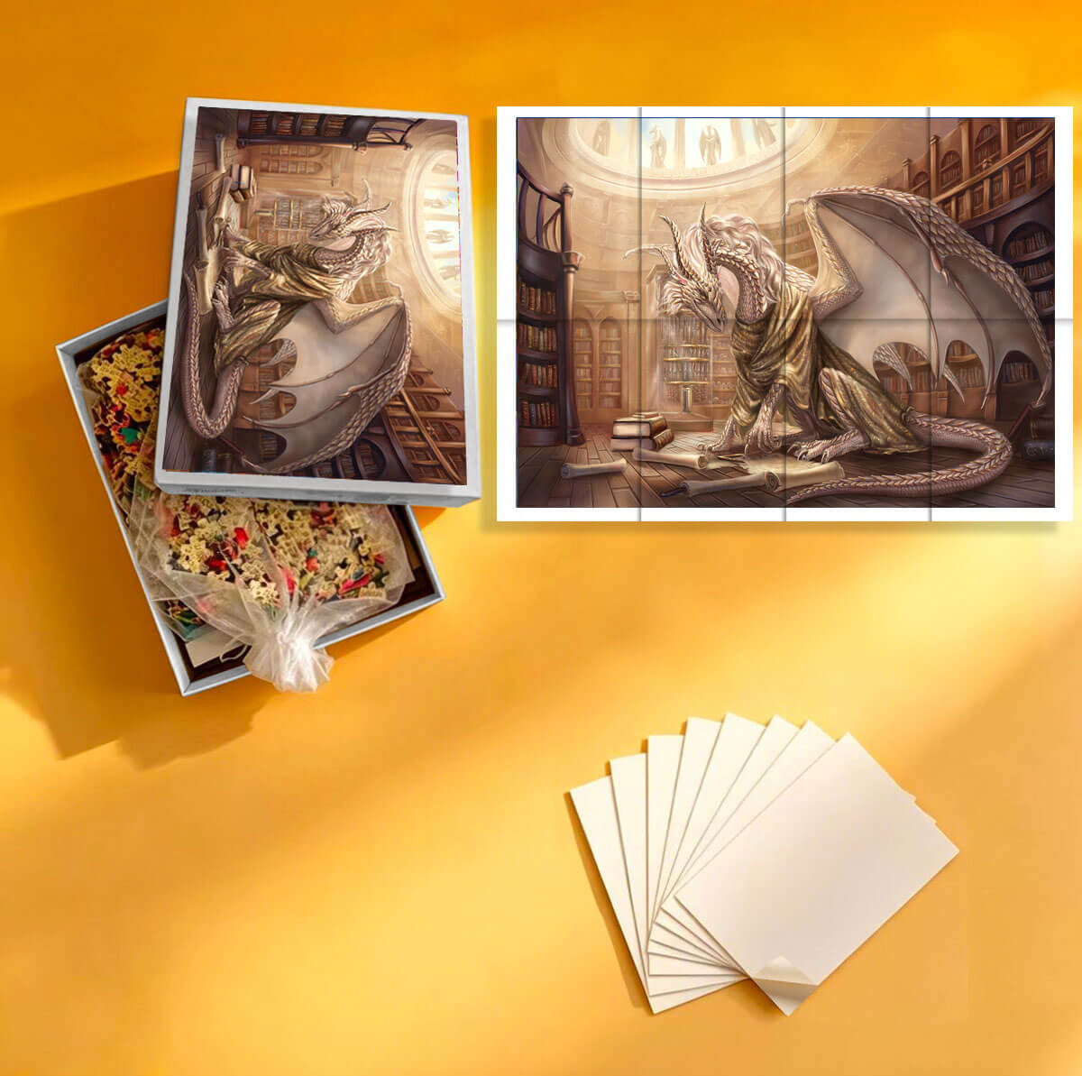 1000-Piece Premium Wooden Jigsaw Puzzle for Adults – Dragon Scholar Library | Artisan Crafted, Whimsical Shapes & Unique Designs, Best Relaxation Gift