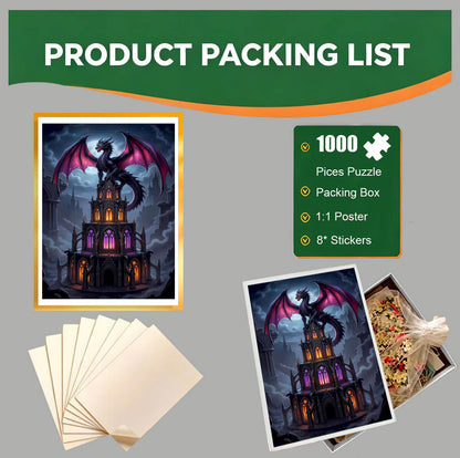 1000-Piece Premium Wooden Jigsaw Puzzle for Adults – Dragon & Gothic Tower | Artisan Crafted, Whimsical Shapes & Unique Designs, Best Relaxation Gift