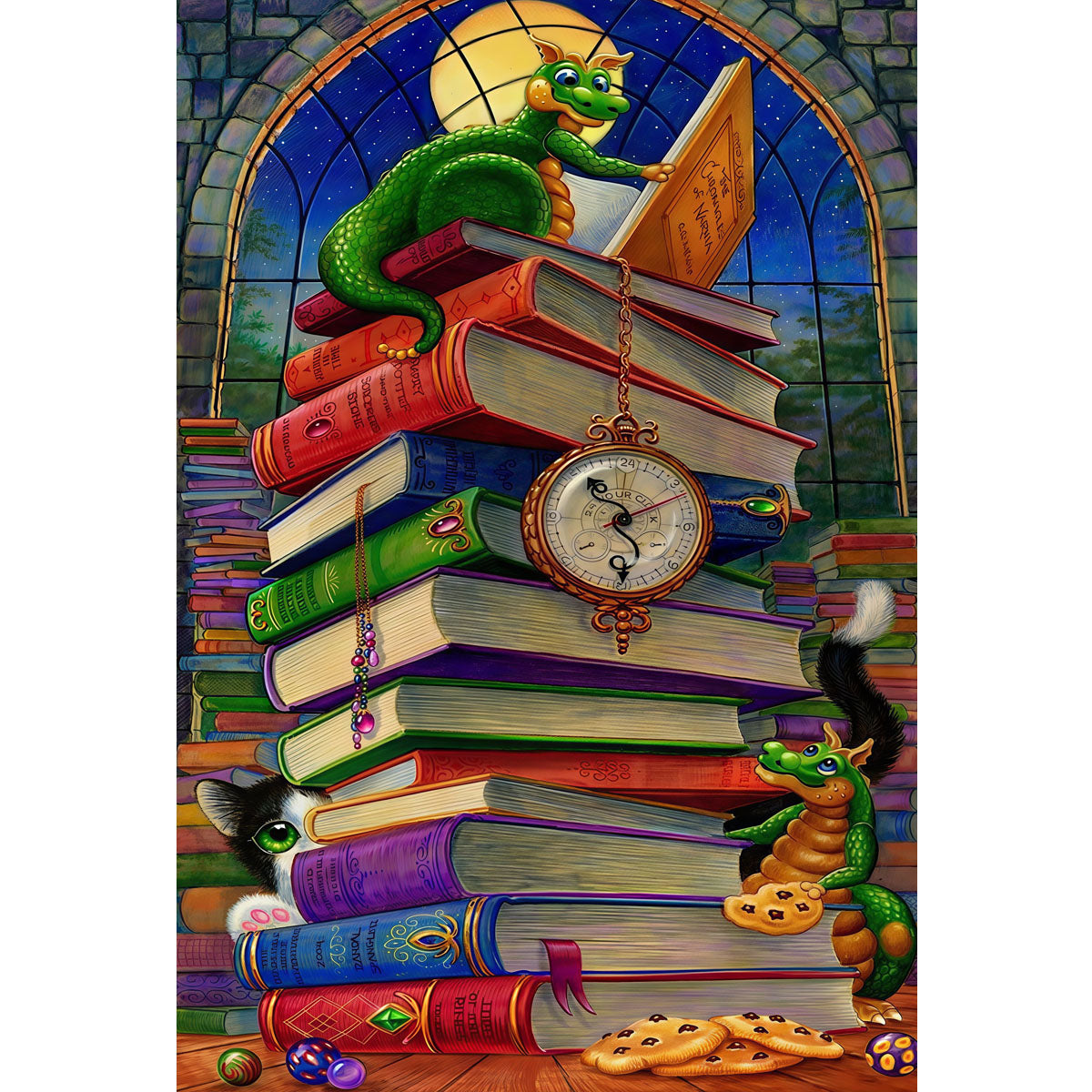 1000-Piece Premium Wooden Jigsaw Puzzle for Adults – Dragon and Book Nook | Artisan Crafted, Whimsical Shapes & Unique Designs, Best Relaxation Gift